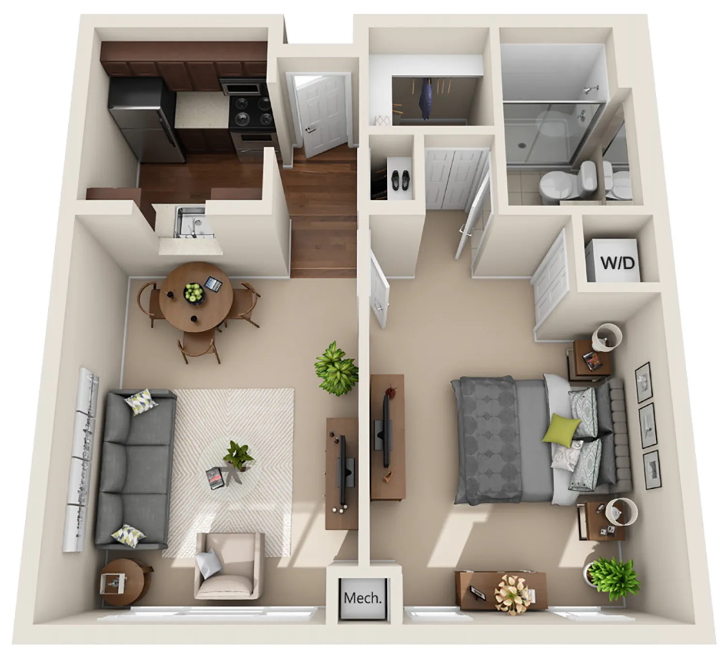 Overhead floor plan of a one-bedroom, one-bath apartment showing a living room with sofa and dining table, a kitchen with appliances, a separate bedroom with bed and nightstands, a bathroom, and a washer/dryer closet.