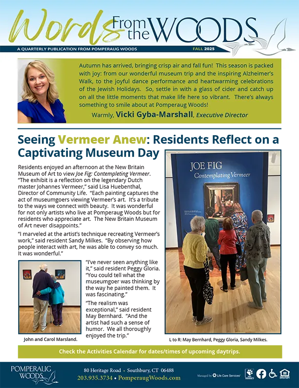 Cover graphic for the Pomperaug Woods ‘Words From the Woods’ Fall 2025 community newsletter, showing the newsletter title ‘Words From the Woods’ with autumn-themed graphics and text indicating the Fall 2025 edition.