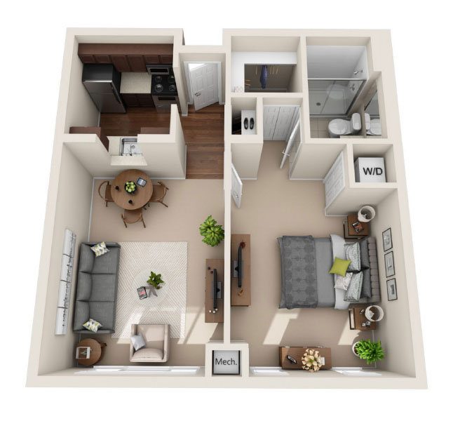 Overhead floor plan of a one-bedroom, one-bath apartment showing a living room with sofa and dining table, a kitchen with appliances, a separate bedroom with bed and nightstands, a bathroom, and a washer/dryer closet.